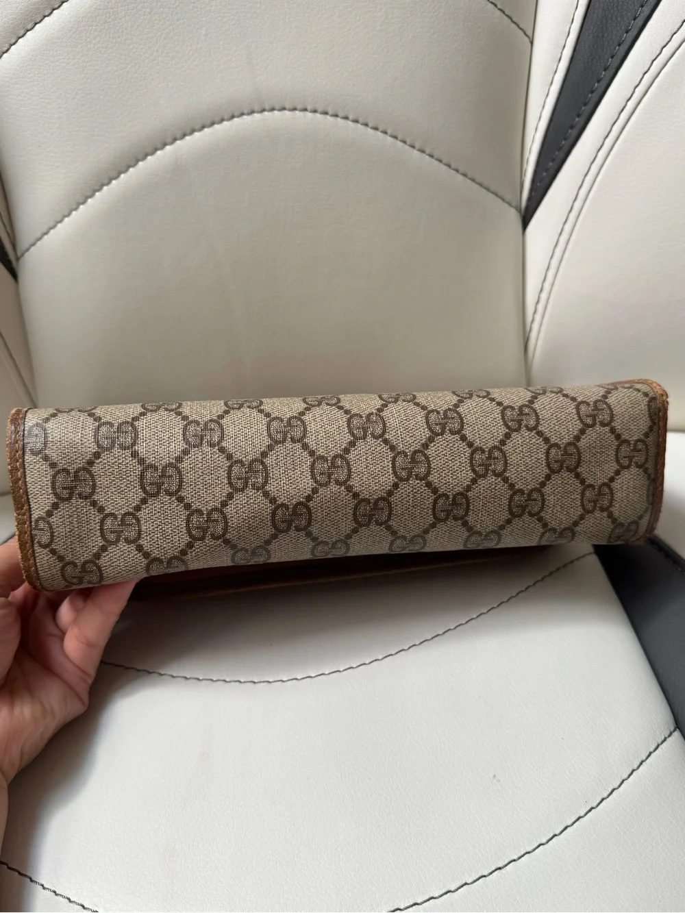 Gucci Beige GG Monogram Canvas Clutch with Brown Leather Trim and Green-Red Web